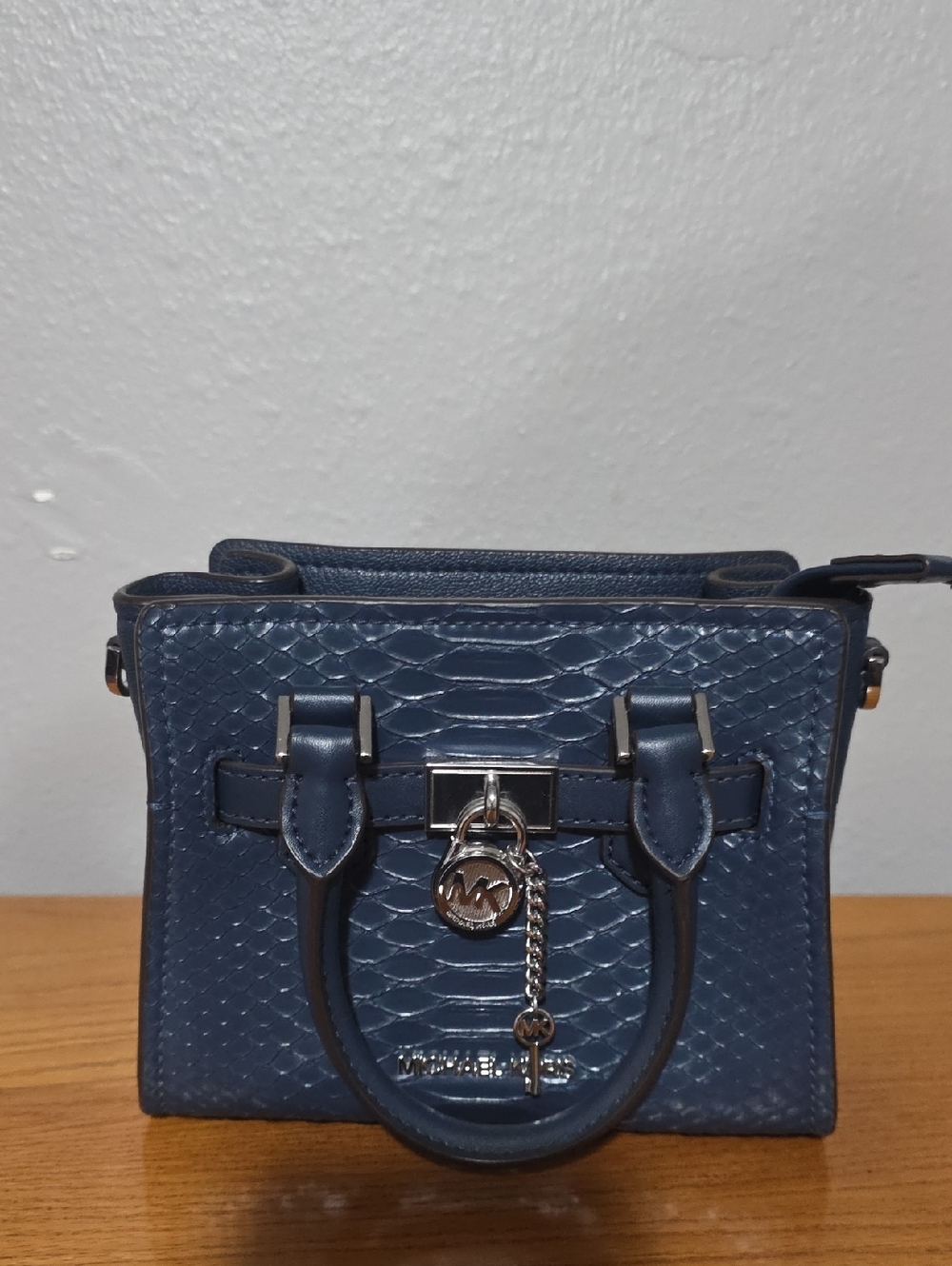 Michael Kors XS Hamilton Blue Textured Leather Satchel with Logo Charm